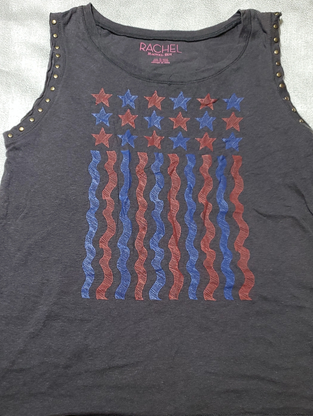 Rachel Black Tank with Red & Blue Star Stripe Graphic Medium